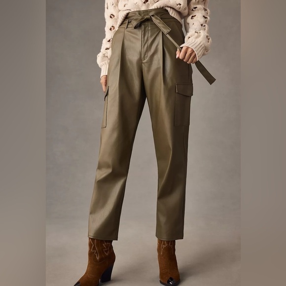 PAIGE Jeans NEW Tesse Faux Leather Utility Pants Army Green Cargo Pockets Size 8 - Picture 3 of 16